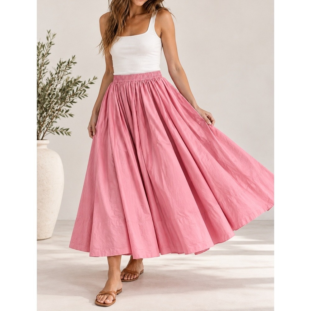 Free People Pink Midi Skirt Elastic Waist Full Cotton Blend OB1920852 Womens M